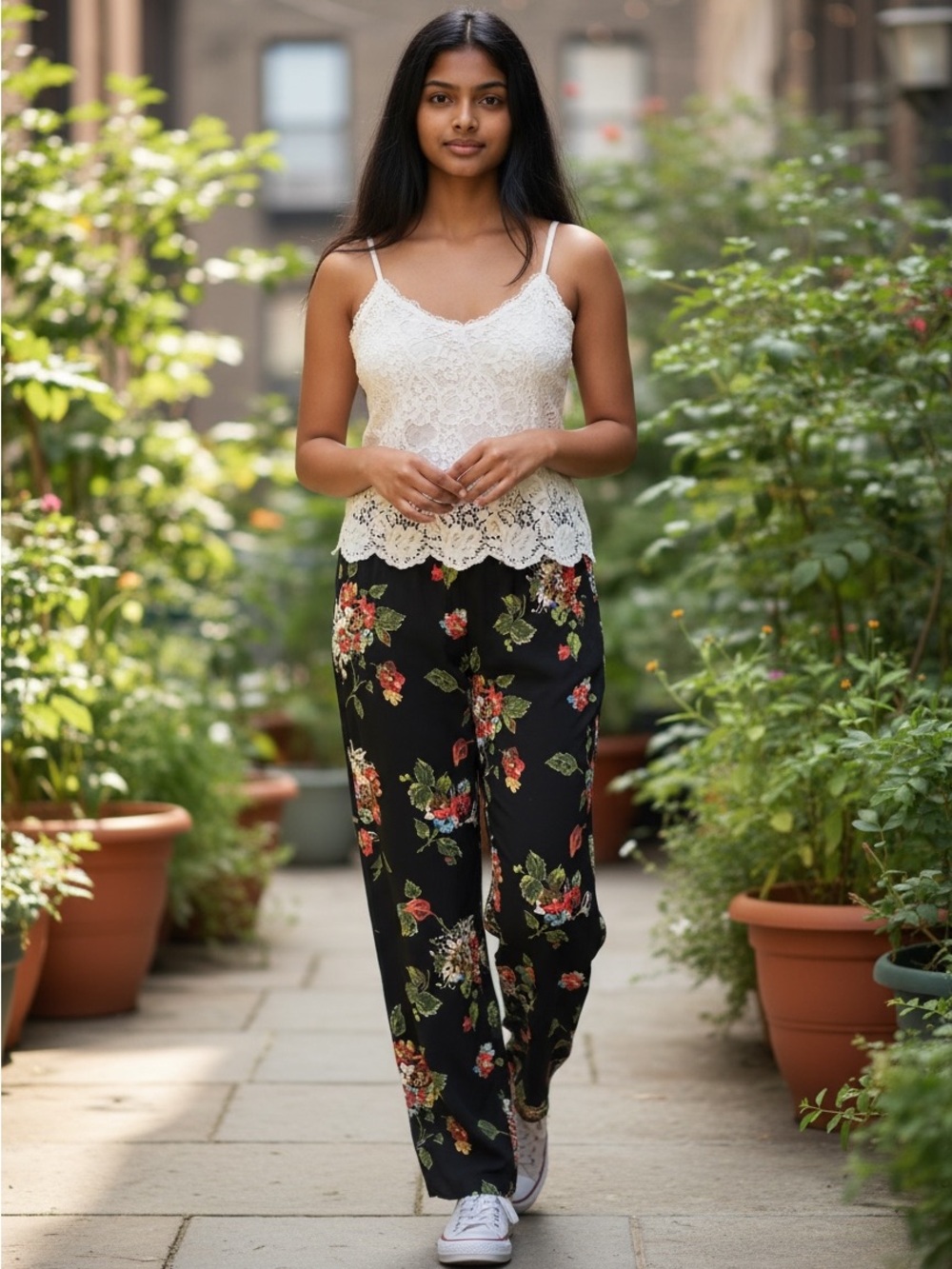 Floral Wide-Leg Pants in Black with Multicolor Blooms